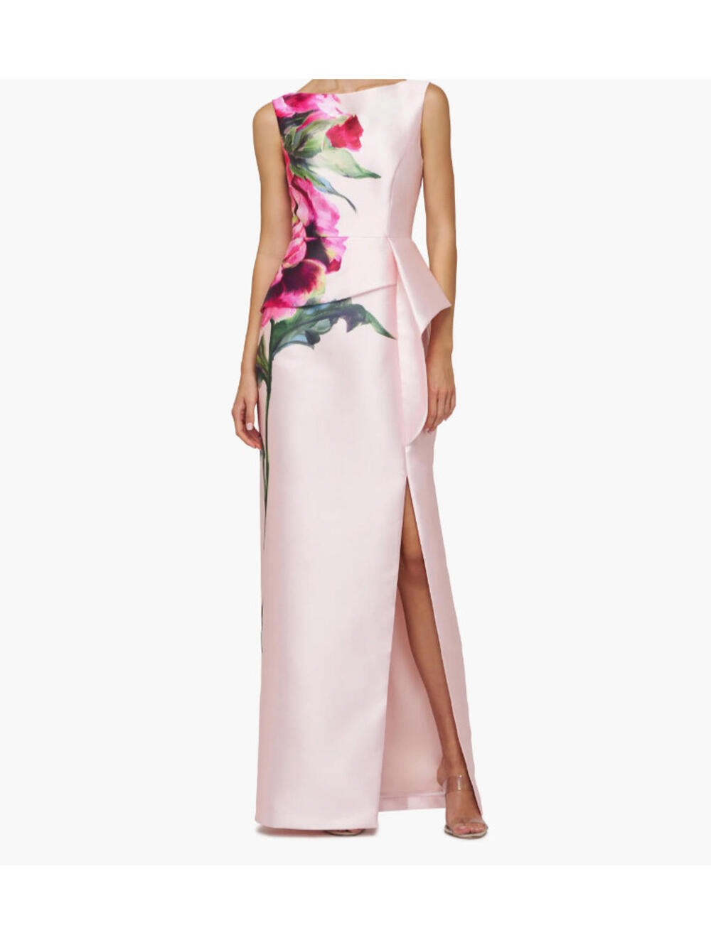 Kay Unger Pink Floral Peplum-Detail Sleeveless Maxi Dress